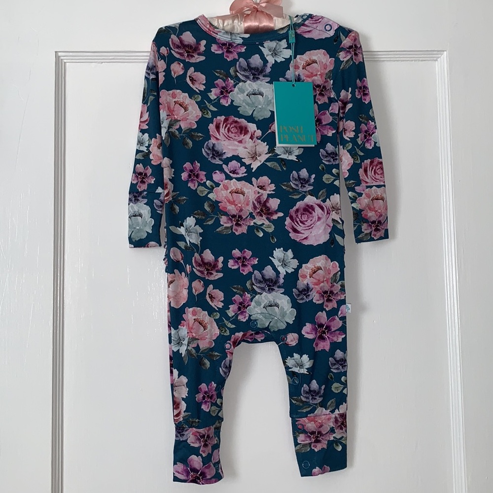 NWT Posh Peanut Keisha Blue Floral Ruffled Romper 6-9M